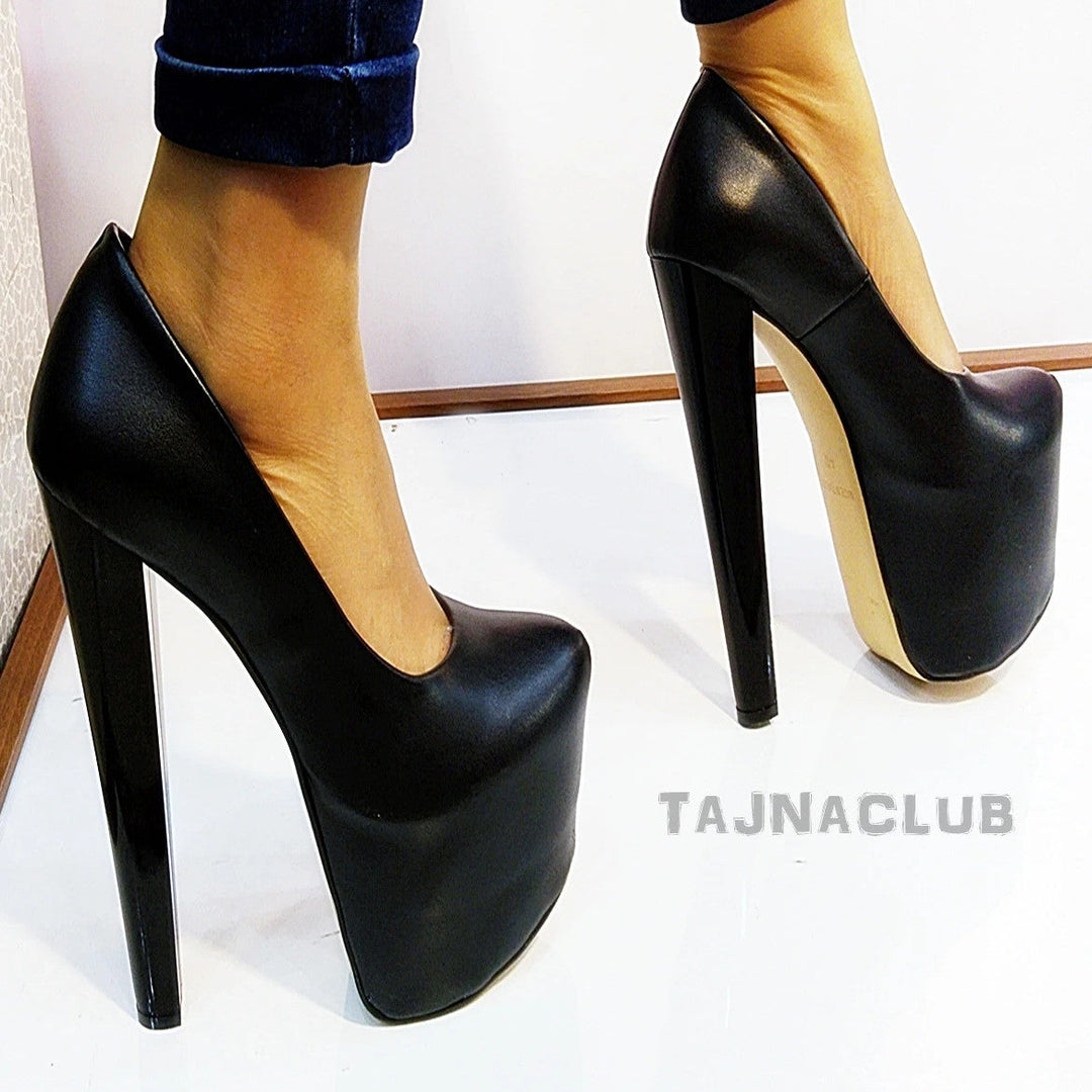 Black Faux Leather 19 cm High Heel Shoes - Tajna Club