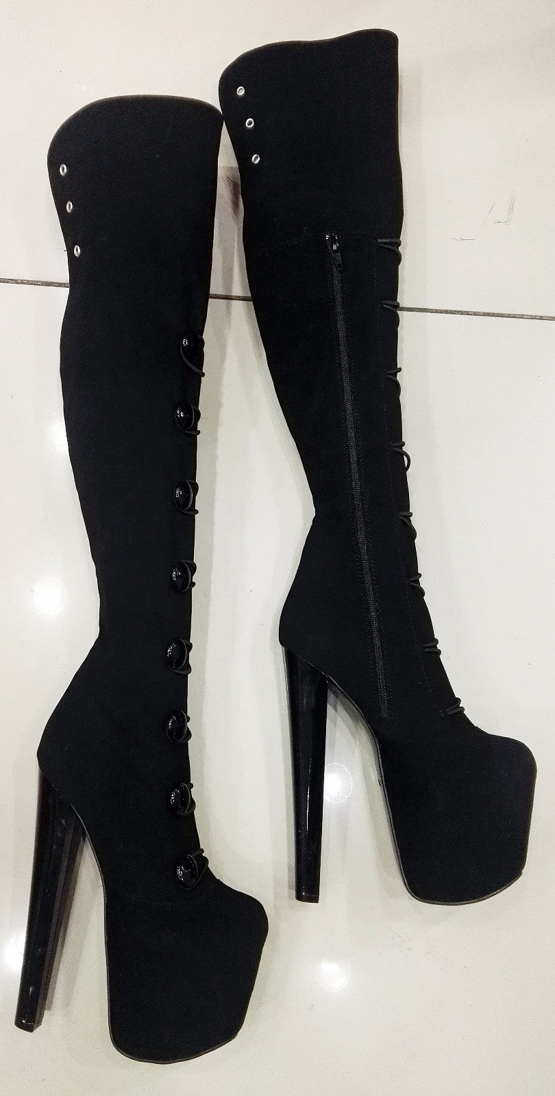 Black Faux Suede Over Knee High  Platform Boots High Heel Shoes - Tajna Club