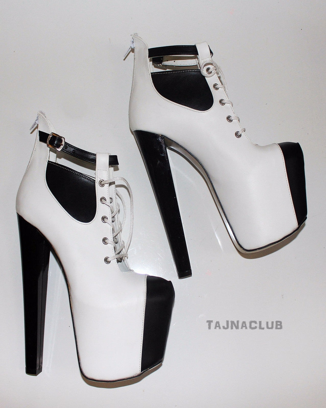 Stylish Black and White Belted Lace-up Platform Boots - Tajna Club