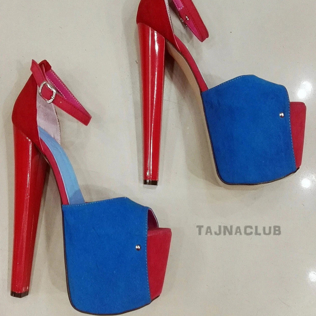 Blue and Red Open-Toe Ankle Strap Heels - Tajna Club