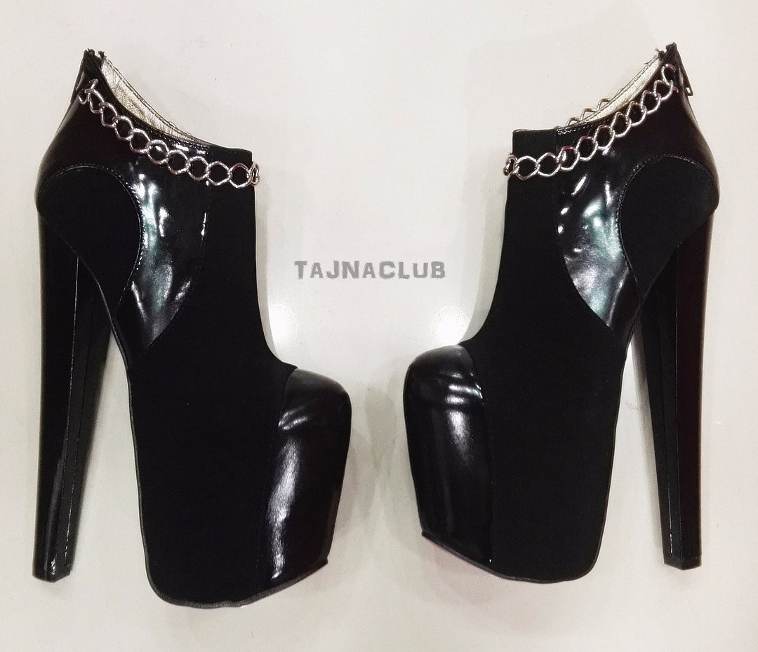 Black Patent Leather Chain Detailed Platform Boots - Tajna Club