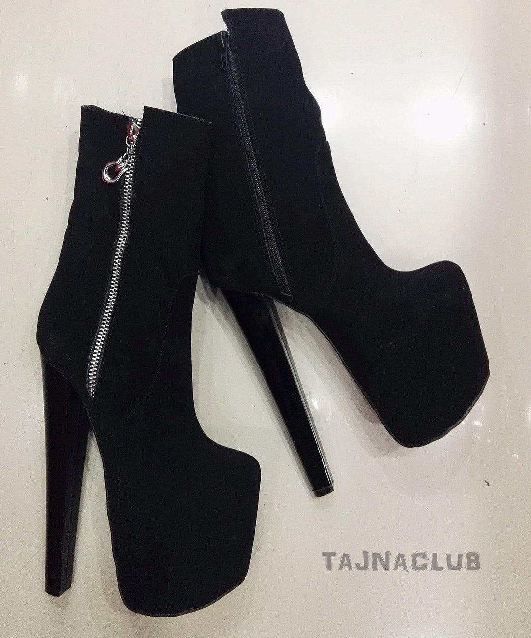 Black Suede Zipper Platform High Heel Boots - Tajna Club