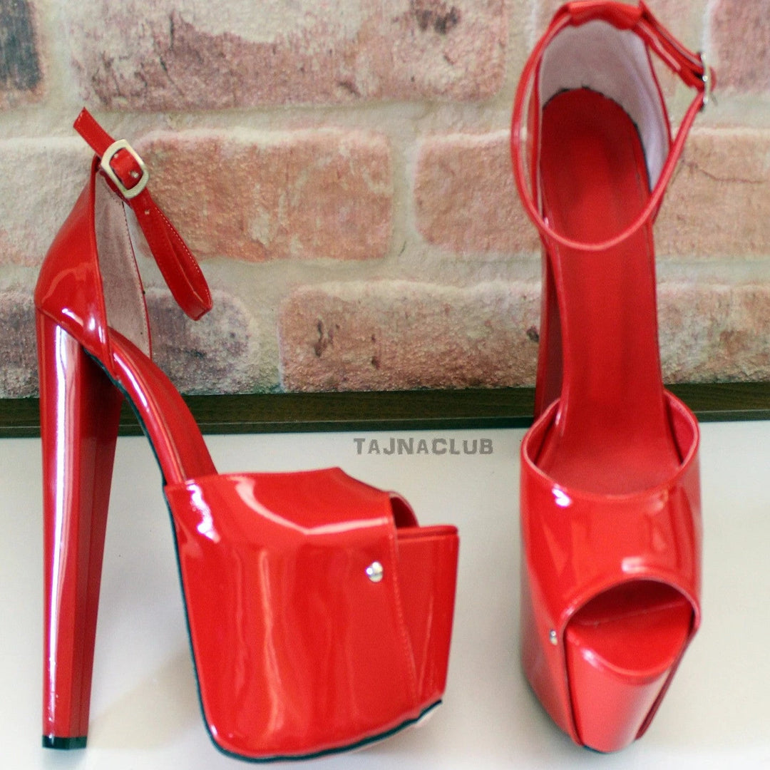 Red Patent Open Toe Ankle Strap Platform Shoes - Tajna Club