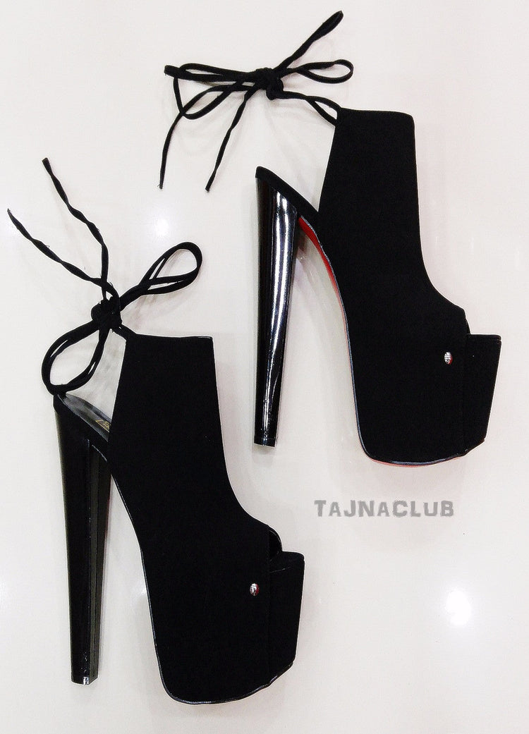 Black Suede Lace up Peep Toe Platform High Heels - Tajna Club