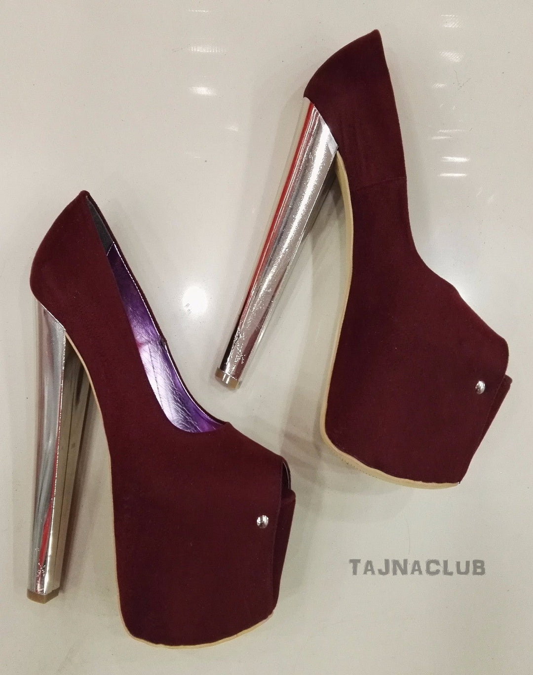 Burgundy Suede Super Platform Metallic 20 cm High Heels - Tajna Club