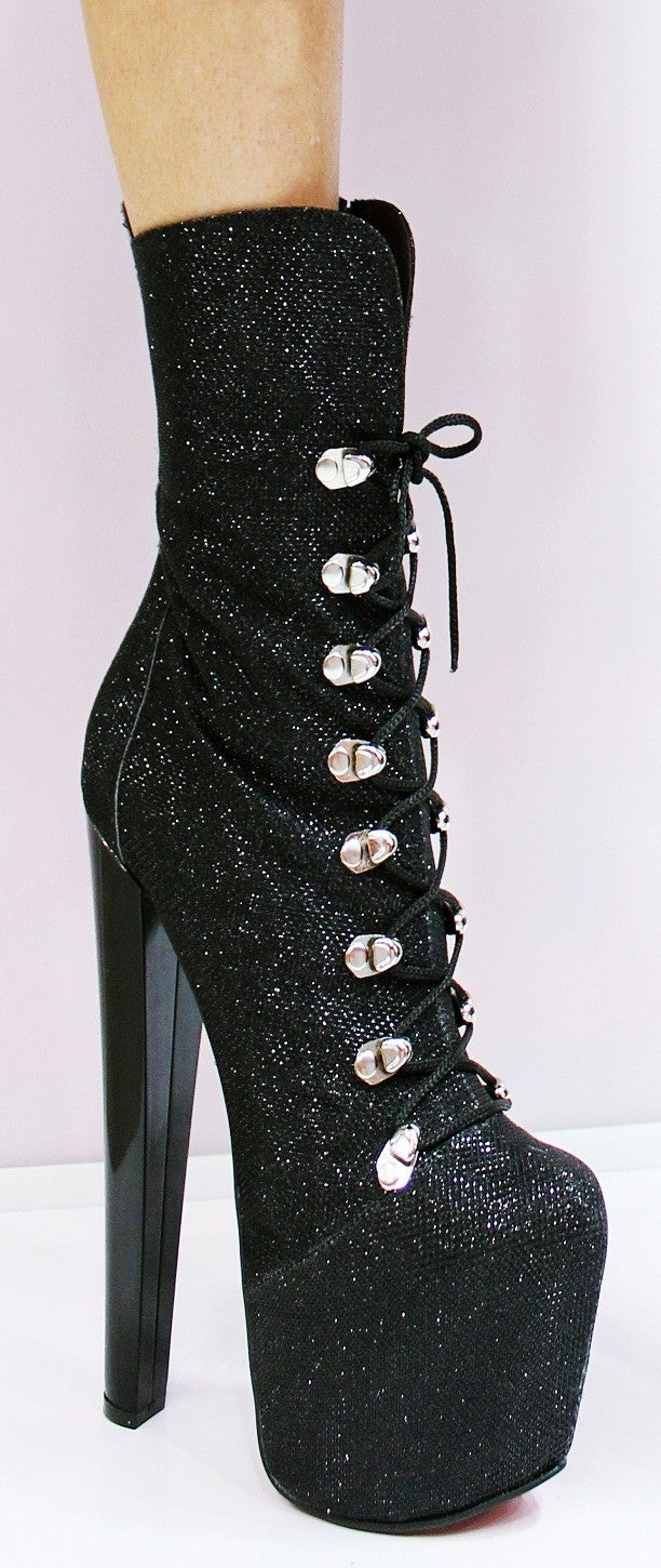 Black Glitter Lace Up High Heel Platform Boots - Tajna Club