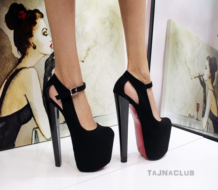 Black Suede Ankle Strap Platform High Red Heels - Tajna Club