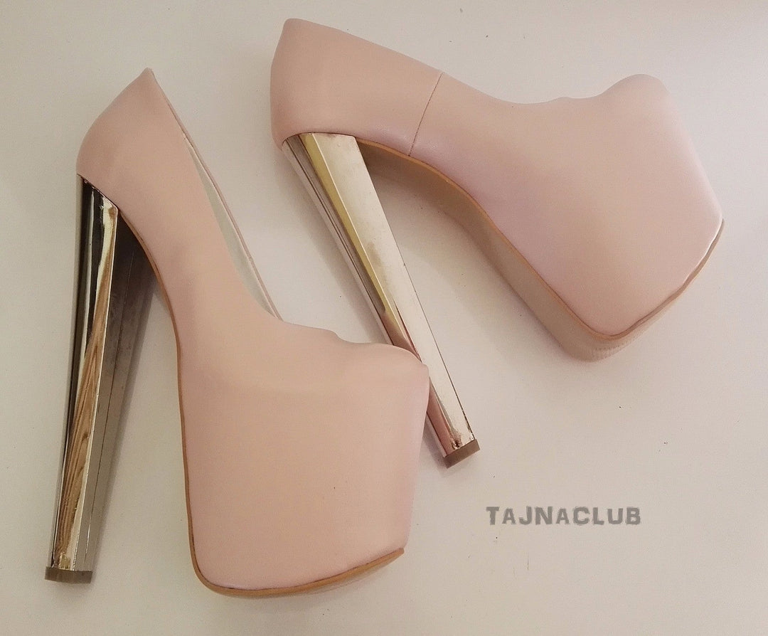 Powder Pink Metallic Heels Mega Platform 20 cm High Heel Pumps - Tajna Club