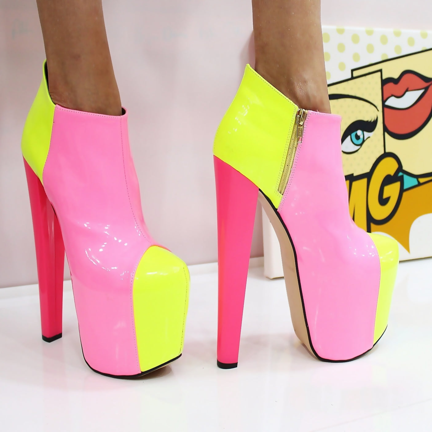 Pink Yellow Ankle Boots Platform High Pink Heel Shoes - Tajna Club