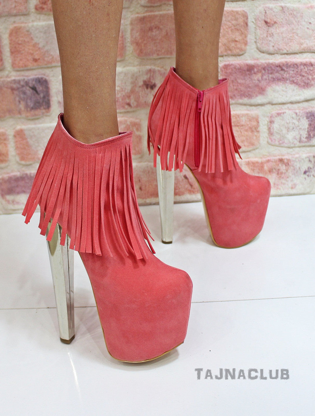 Peach Pink Fringe Ankle Boots Platform High Heel Boots - Tajna Club
