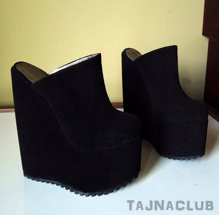 Mules Wedge Heel Black Platform High Heels Shoes - Tajna Club