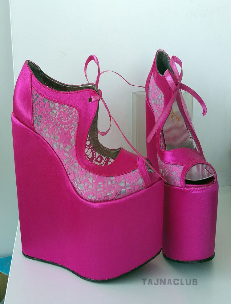 Peeptoe Lace up Wedge Heel Pink Platform High Heels Shoes - Tajna Club