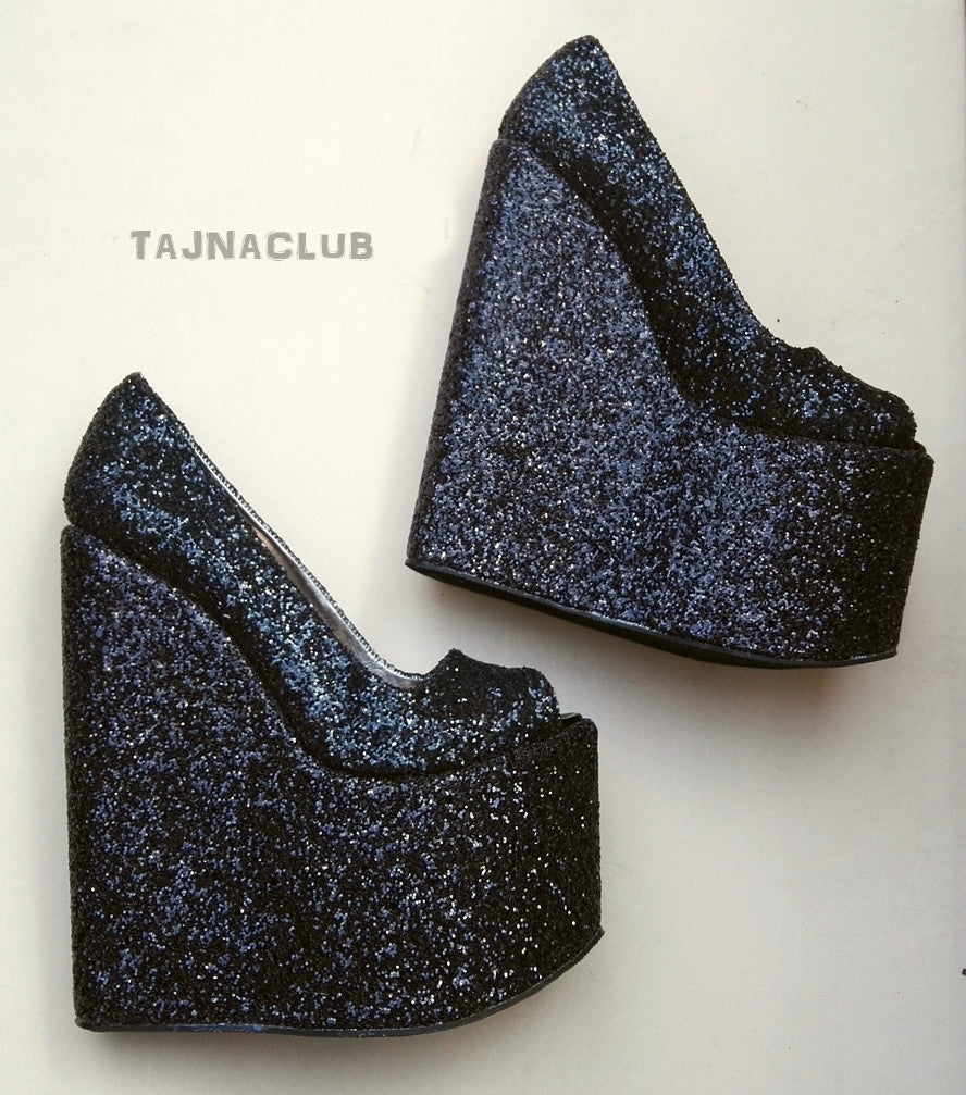 Peeptoe Glitter Black Wedge Heel Platform High Heels Shoes - Tajna Club