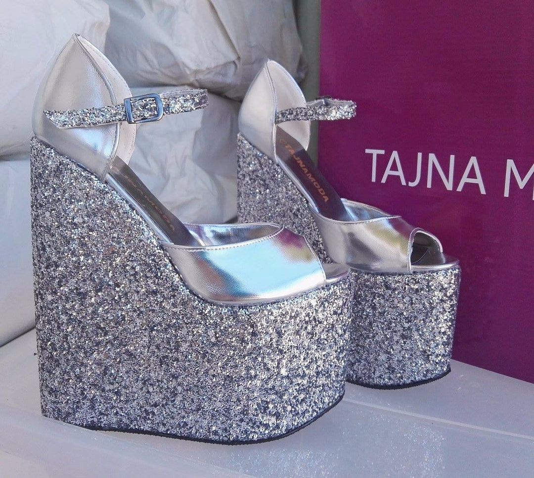 Sandals Ankle Strap Silver Glitter Wedge Heel Platform High Heels Shoes - Tajna Club