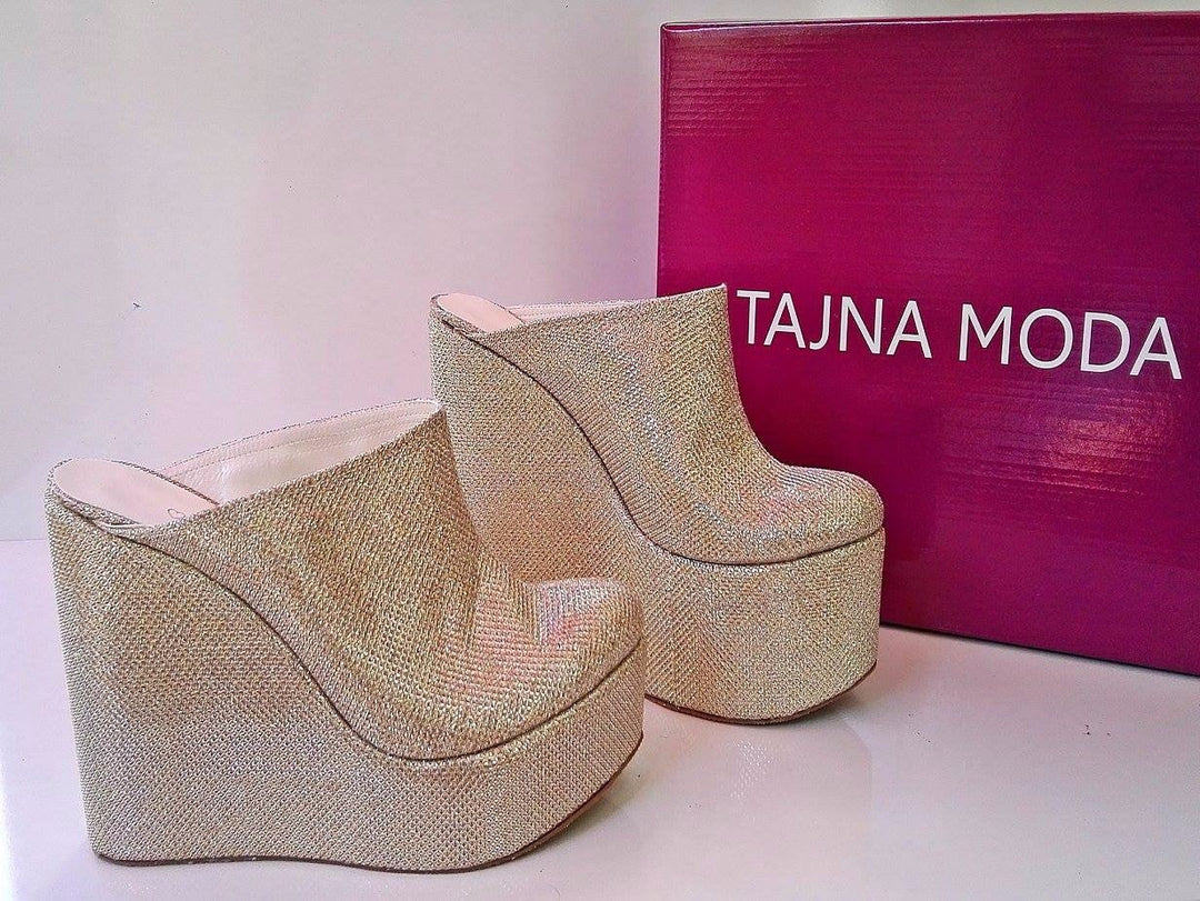 Mules Gold Glitter Wedge Heel Platform High Heels Shoes - Tajna Club
