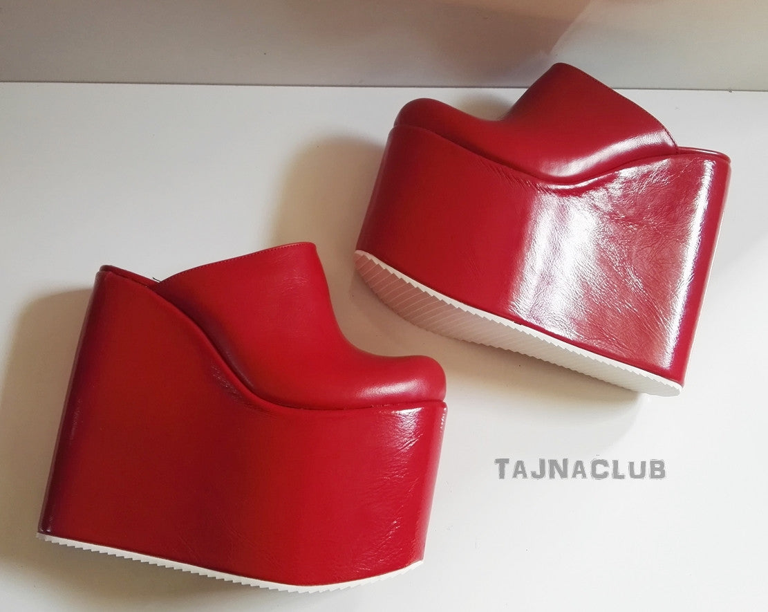 Mules Faux Patent Leather Red Wedge Heel Platform High Heels Shoes - Tajna Club