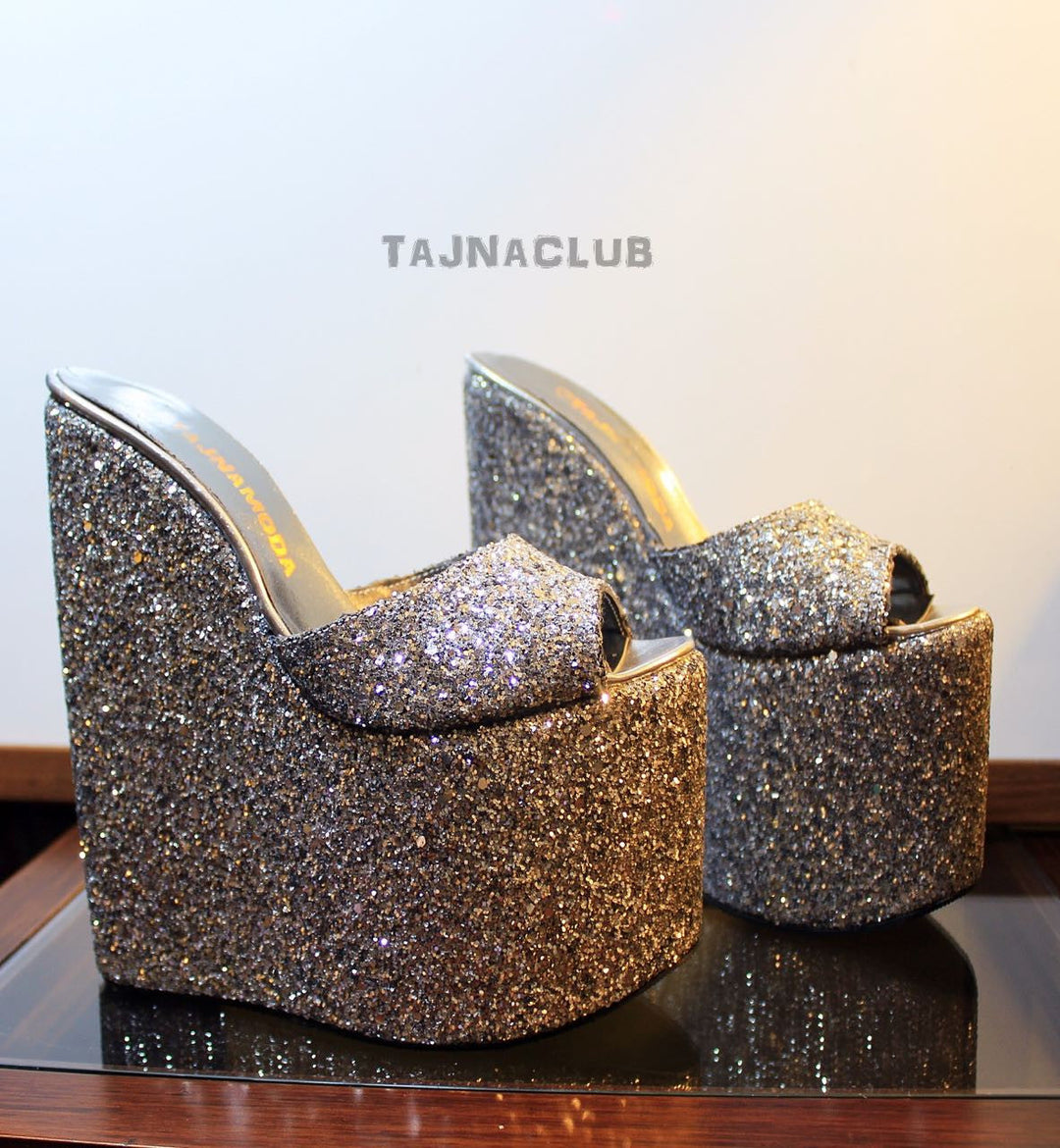 Mules Glitter Wedge Heel Platform High Heels Shoes - Tajna Club