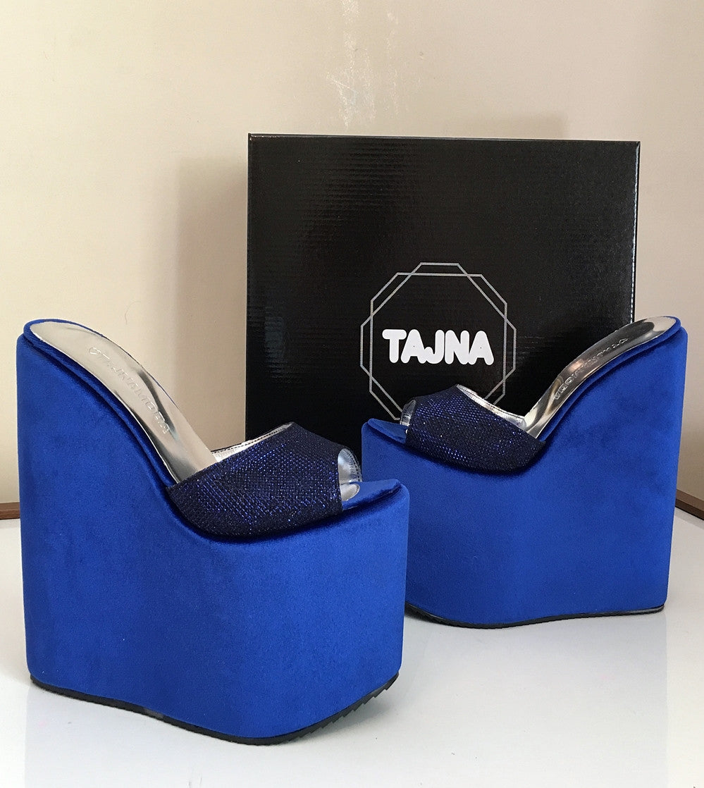 Mules Cobalt Blue Wedge Heel Platform High Heels Shoes - Tajna Club