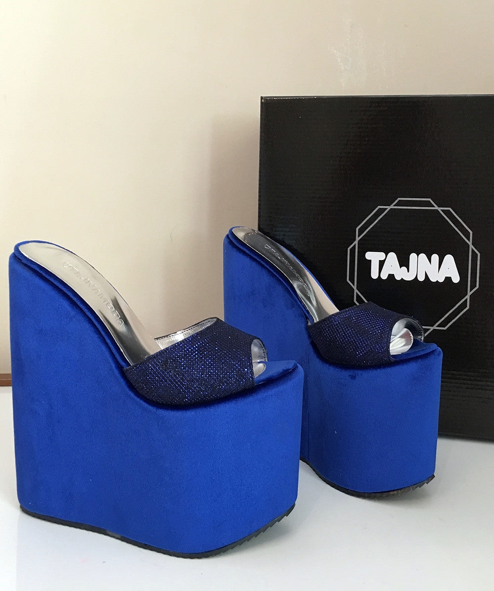 Mules Cobalt Blue Wedge Heel Platform High Heels Shoes - Tajna Club