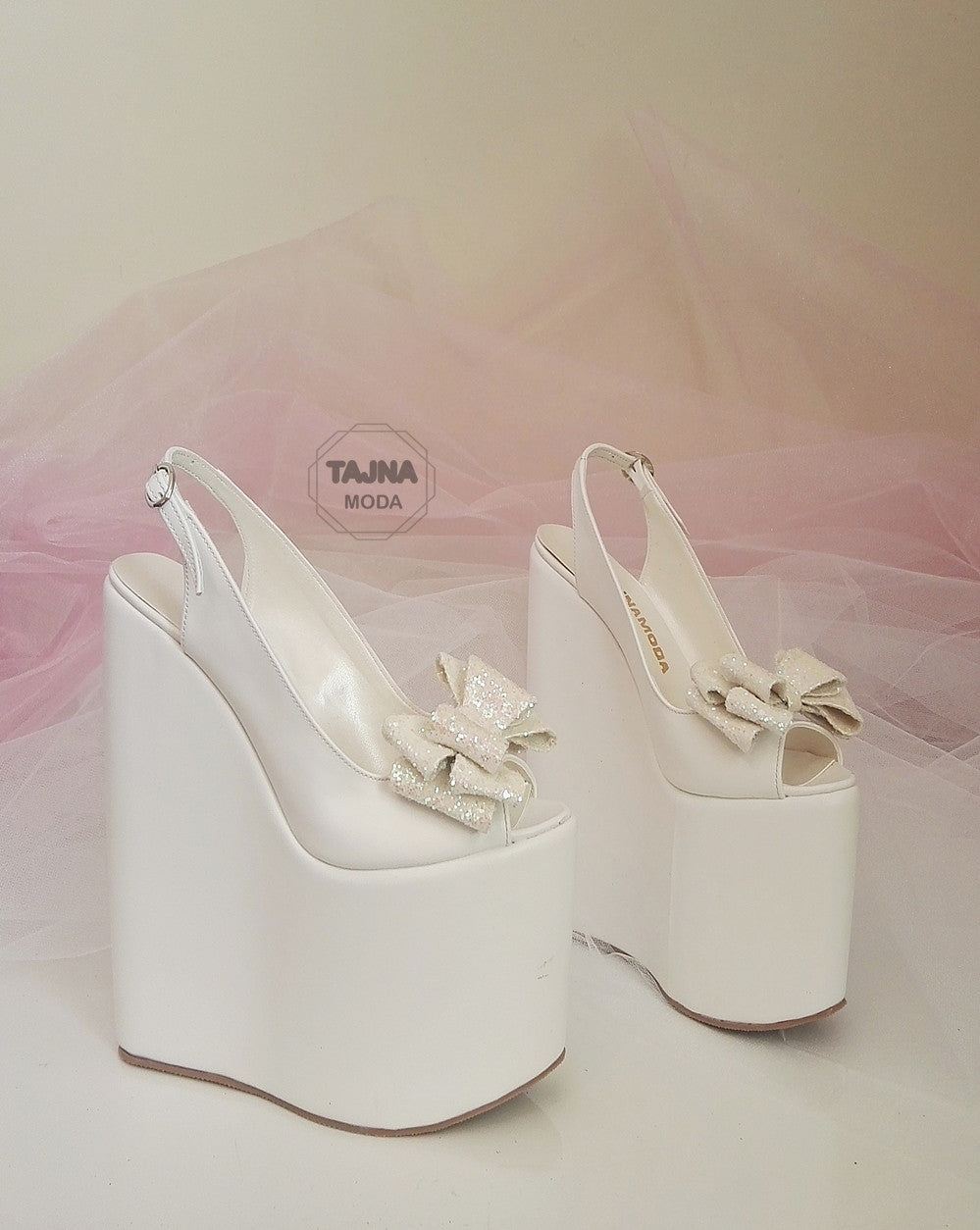 Wedding Peeptoe White Bow  Wedge Heel Black Platform High Heels Shoes - Tajna Club