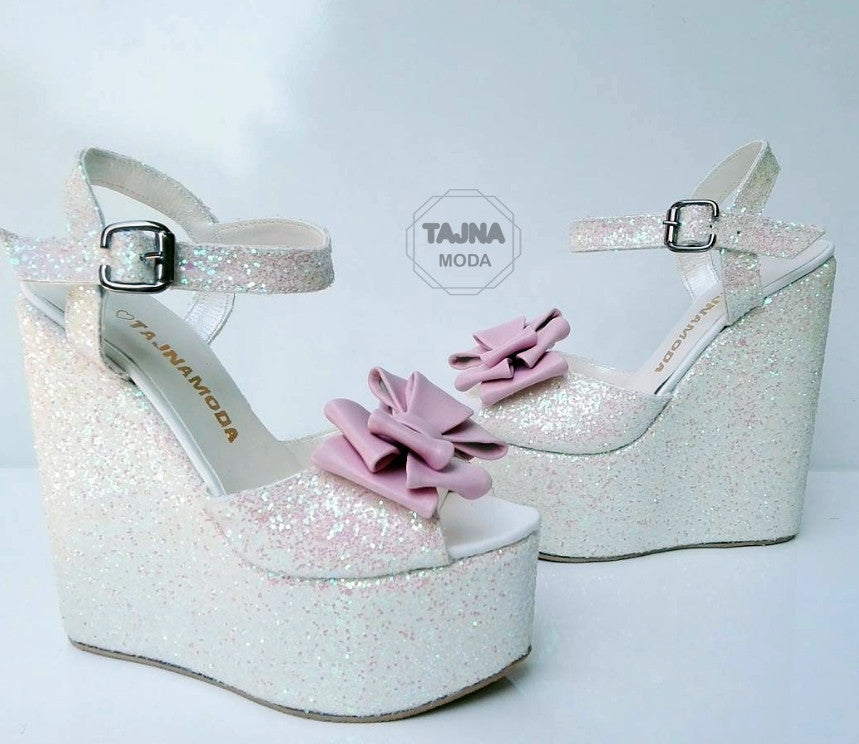 Wedding Sandals Bow Peeptoe Glitter Wedge Heel Black Platform High Heels Shoes - Tajna Club