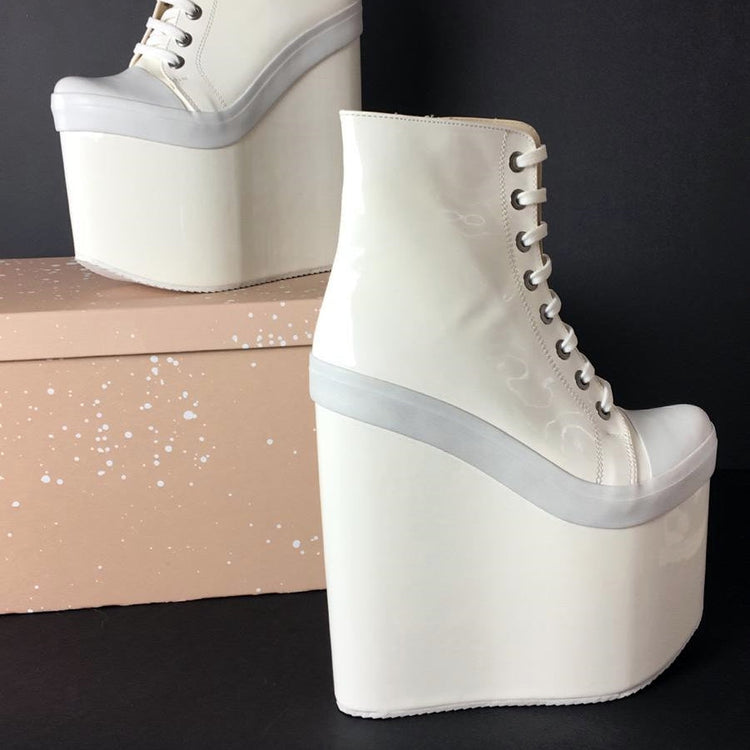 Stylish White Lace Up Ankle Wedge Booties - Tajna Club