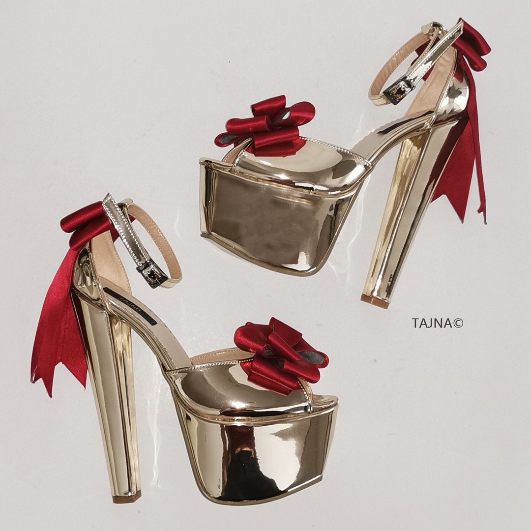 Gold Mirror Ribbon Detail Chunky Heels - Tajna Club