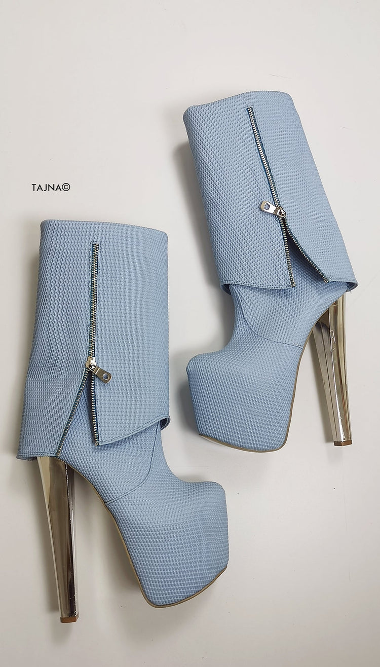 Baby Blue Fold Zipper Boots - Tajna Club