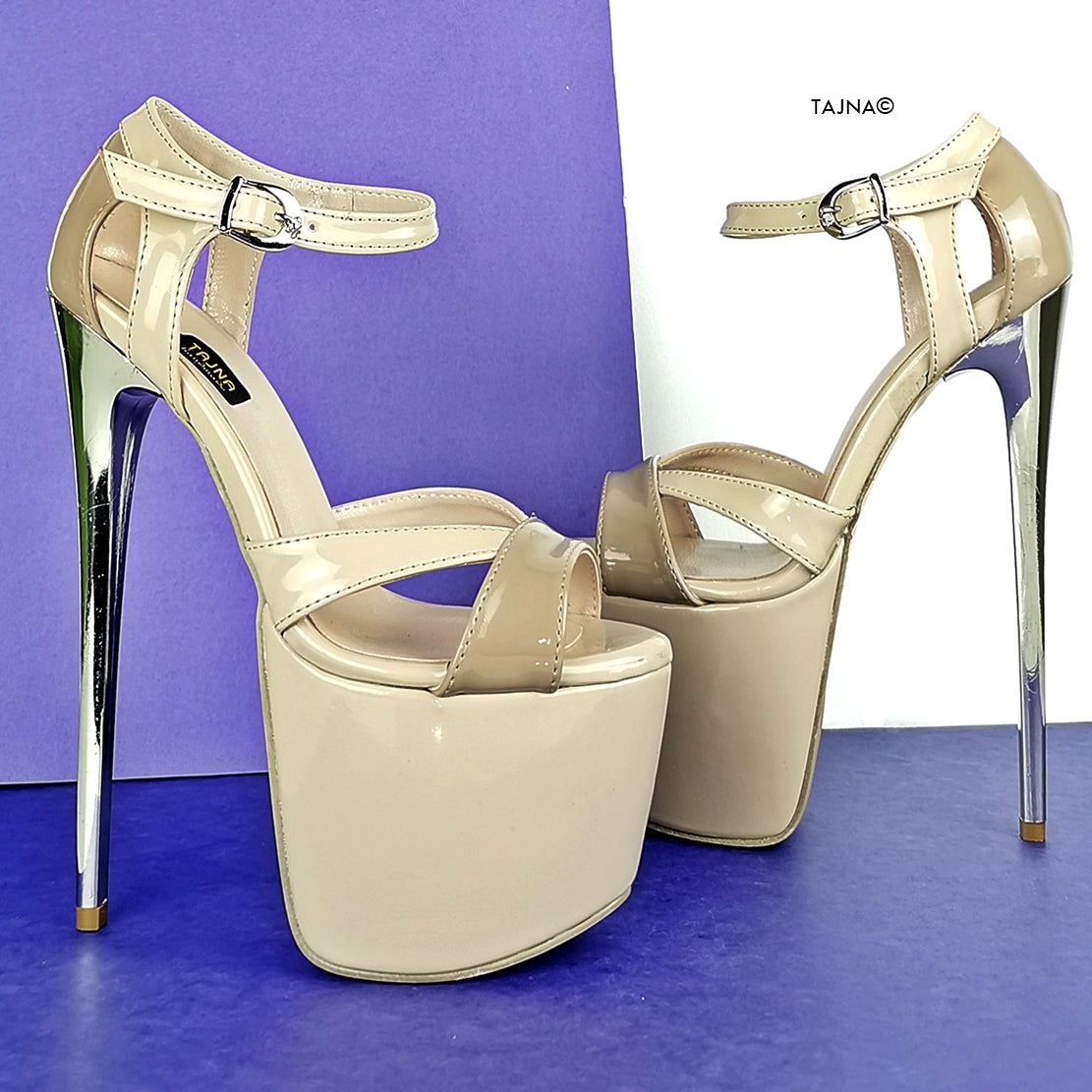 Nude Beige Patent Ankle Strap Dia Heels - Tajna Club