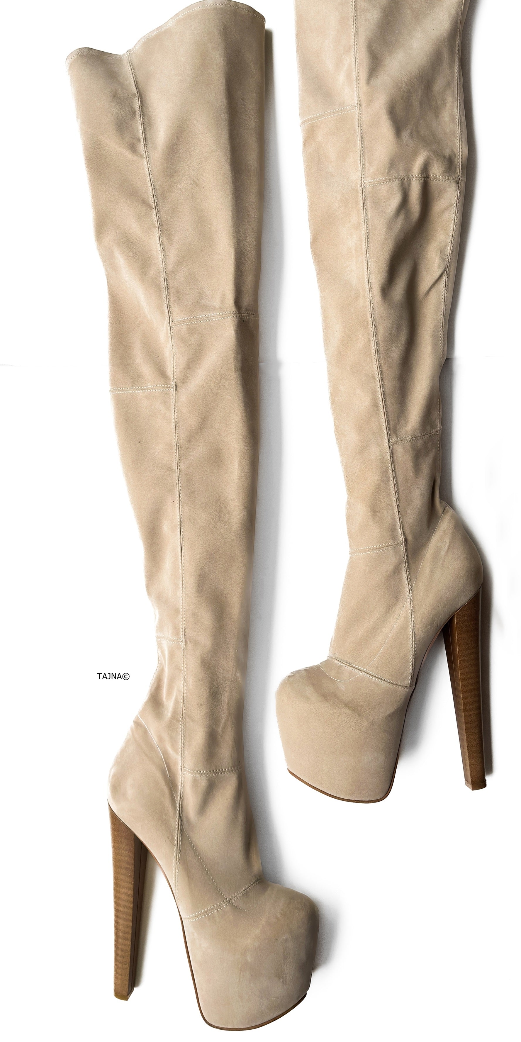 Beige Cream Suede Over the Knee High Heel Boots Tajna Club