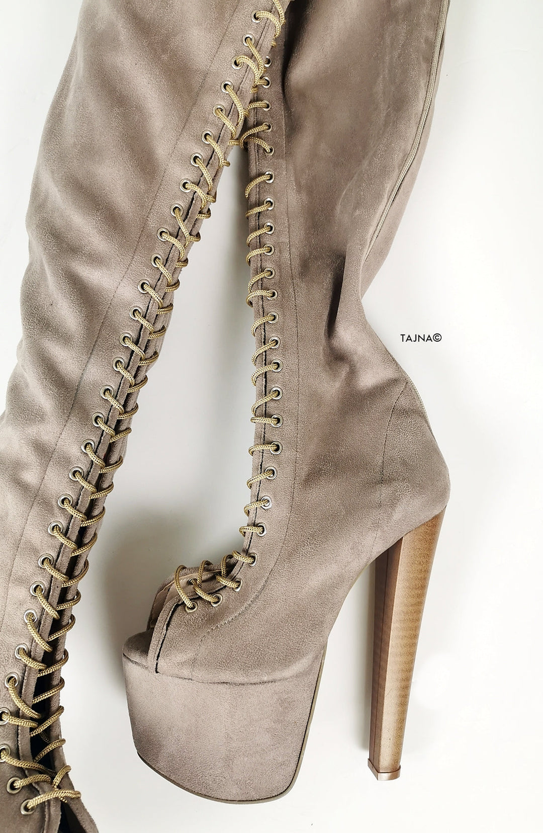 Beige Suede Gladiator Lace Up Thigh High Boots - Tajna Club