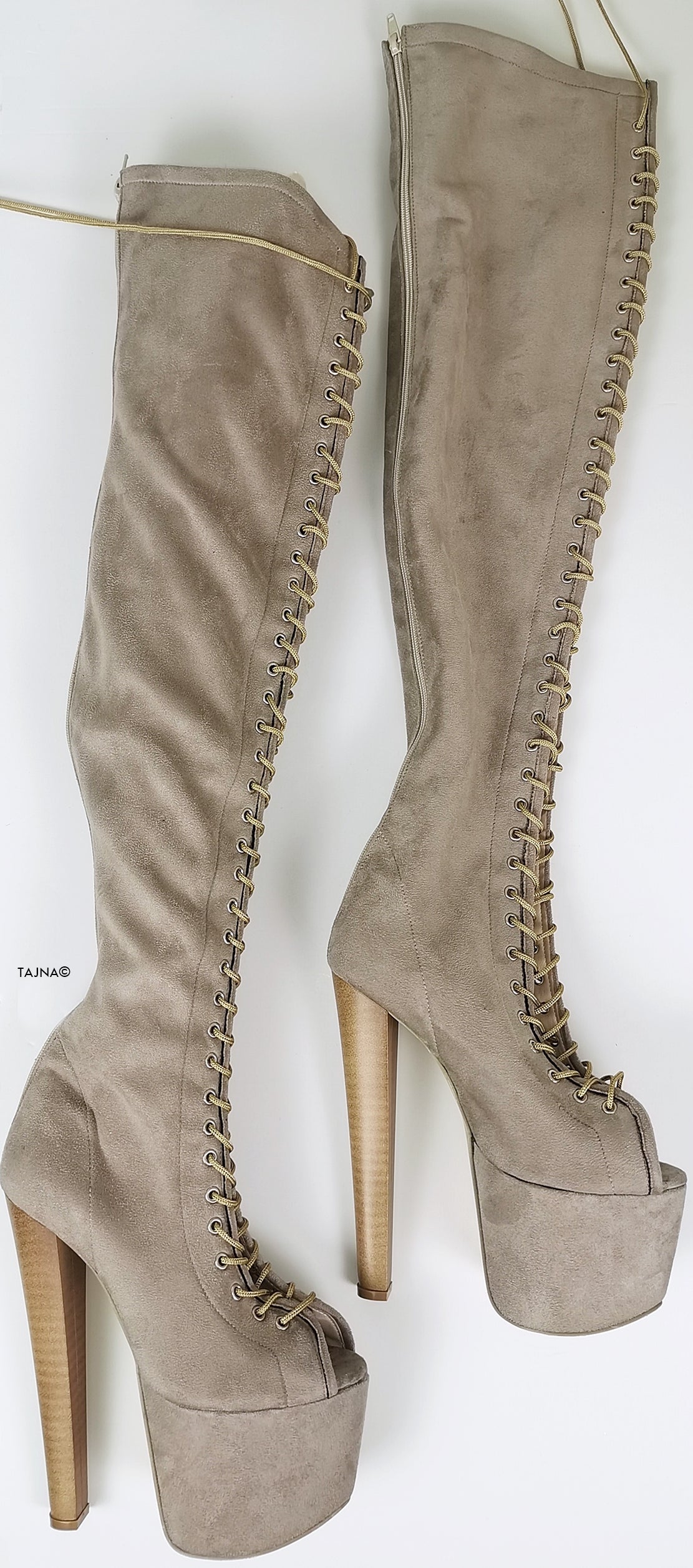 Beige Suede Gladiator Lace Up Thigh High Boots - Tajna Club