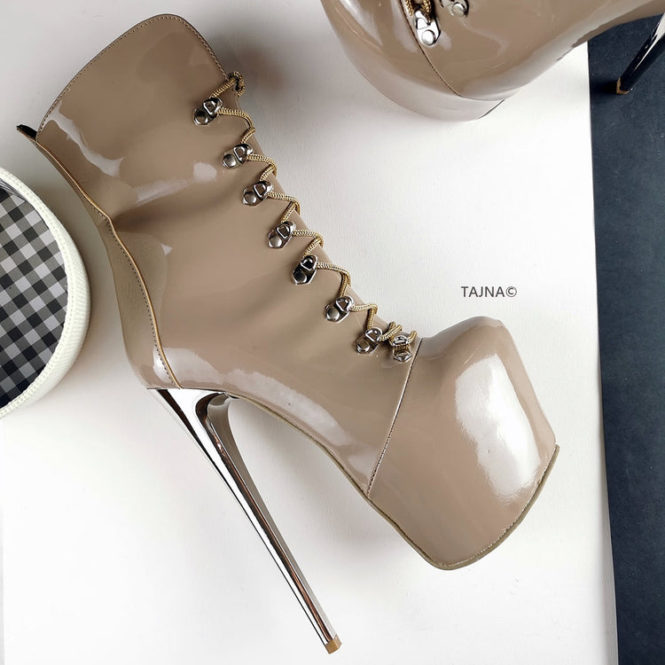 Beige Patent Military Lace Up Ankle Boots - Tajna Club