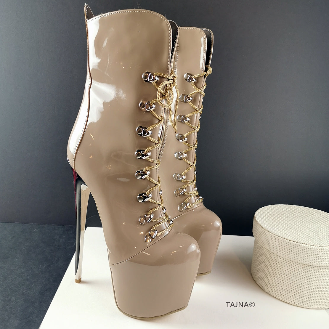Beige Patent Military Lace Up Ankle Boots - Tajna Club