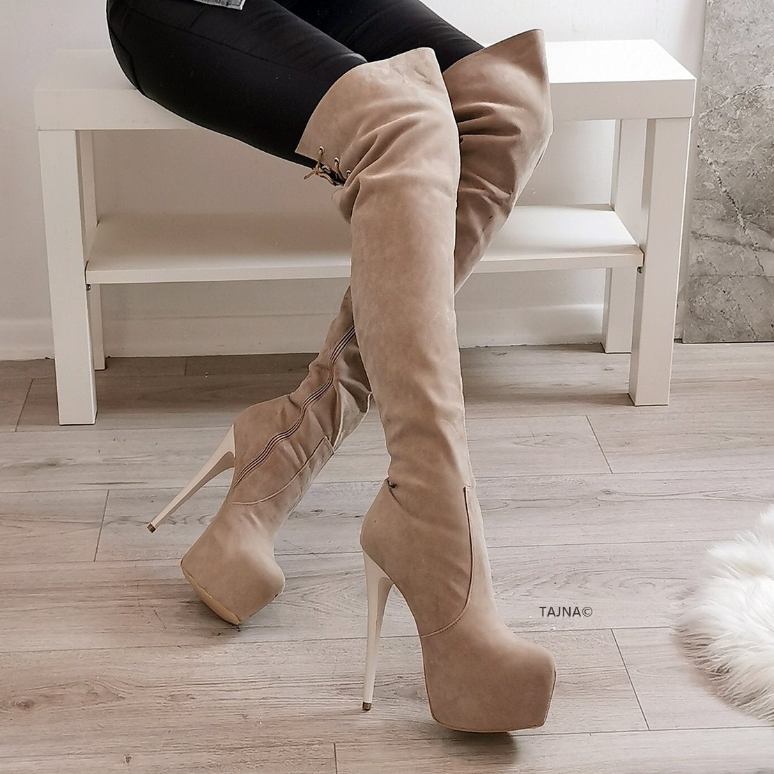 Beige fashion suede over the knee boots