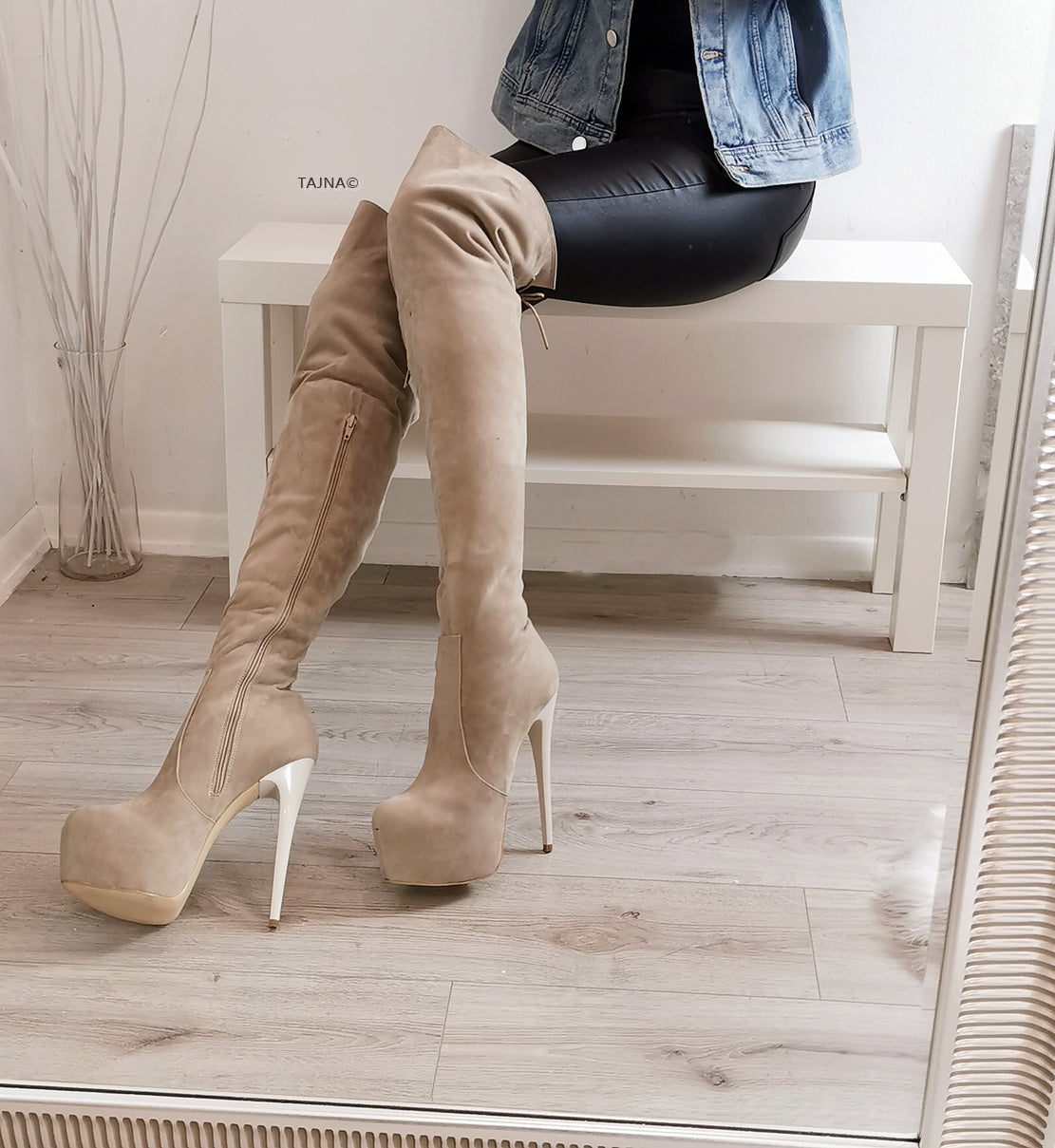 Beige Suede High Heel Over the Knee Boots | Tajna Shoes