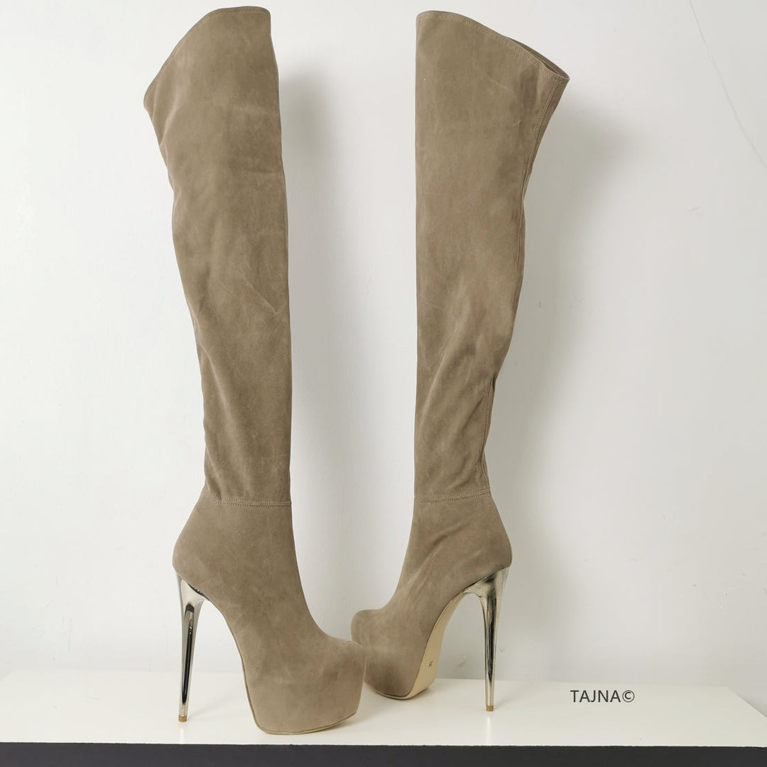 Beige Suede Long Knee High Boots - Tajna Club