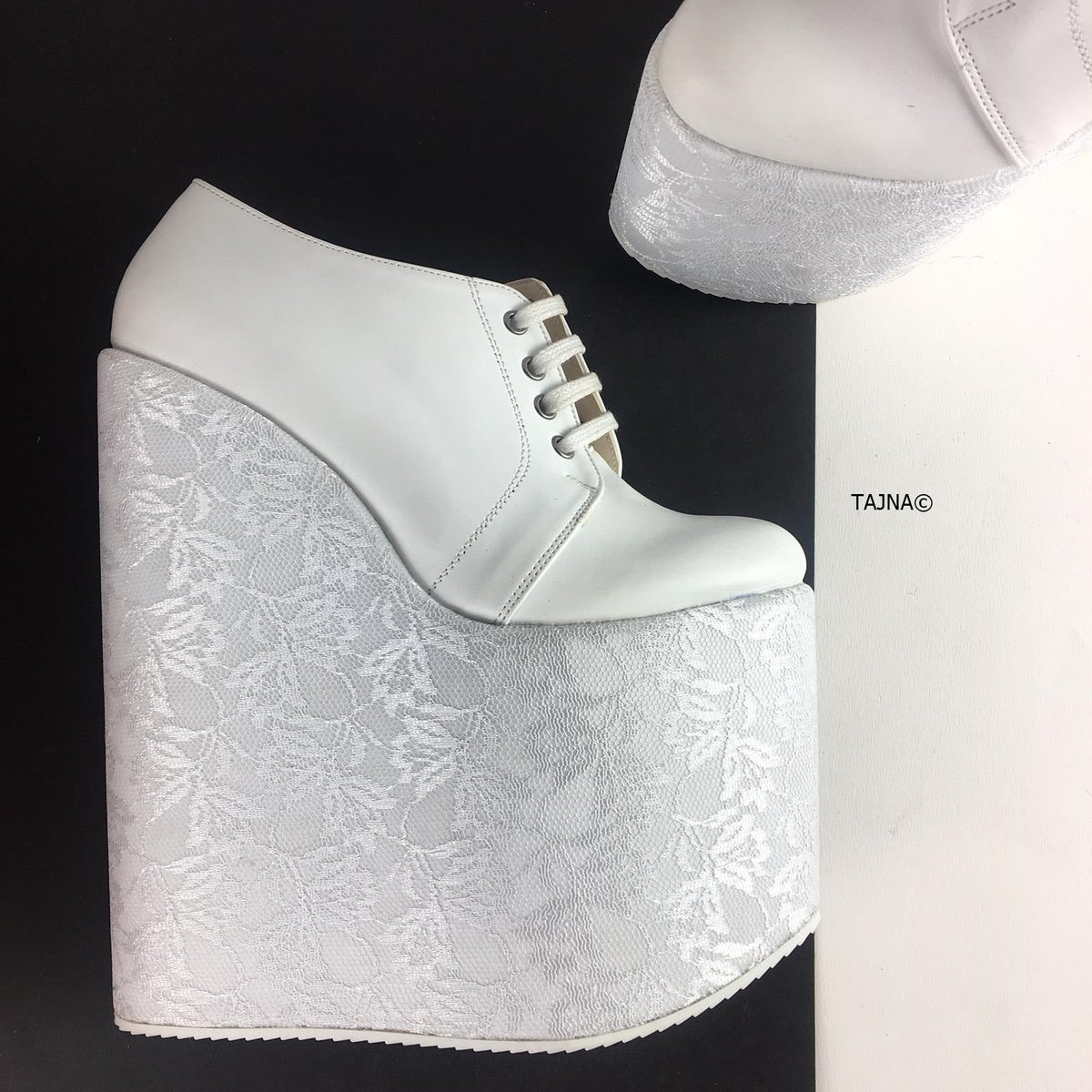 White Lace Up High Heel Wedges | Tajna Club