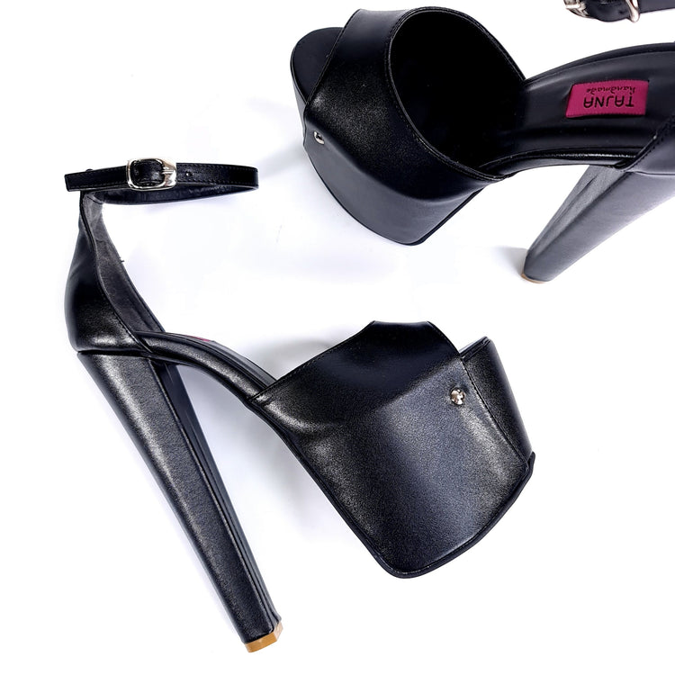 Ankle Strap Thick High Heel Black Sandals