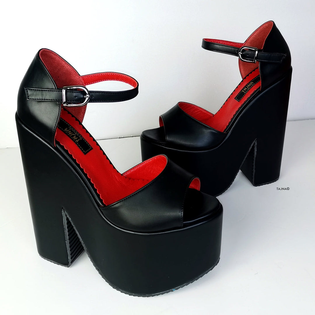 Black Red Ankel Strap Peep Toe Wedges - Tajna Club