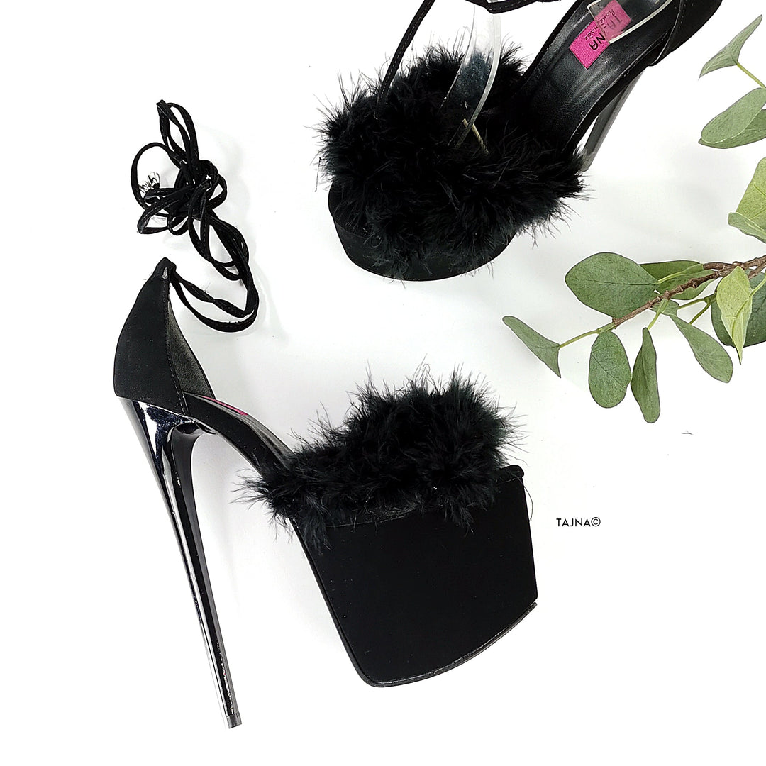Black Suede Fur Detail Lace Up Sandals - Tajna Club