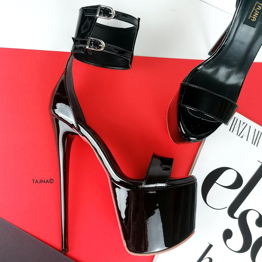 Black Patent Bondage Ankle Cuff Heels - Tajna Club