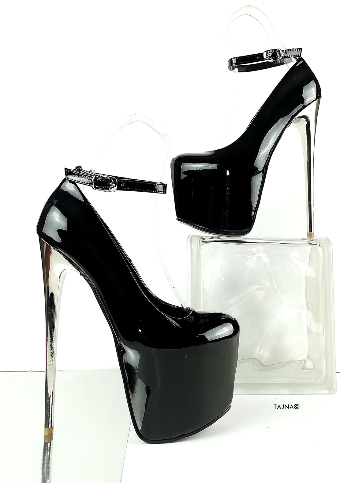 Ankle Strap Black Patent Metallic Heels - Tajna Club