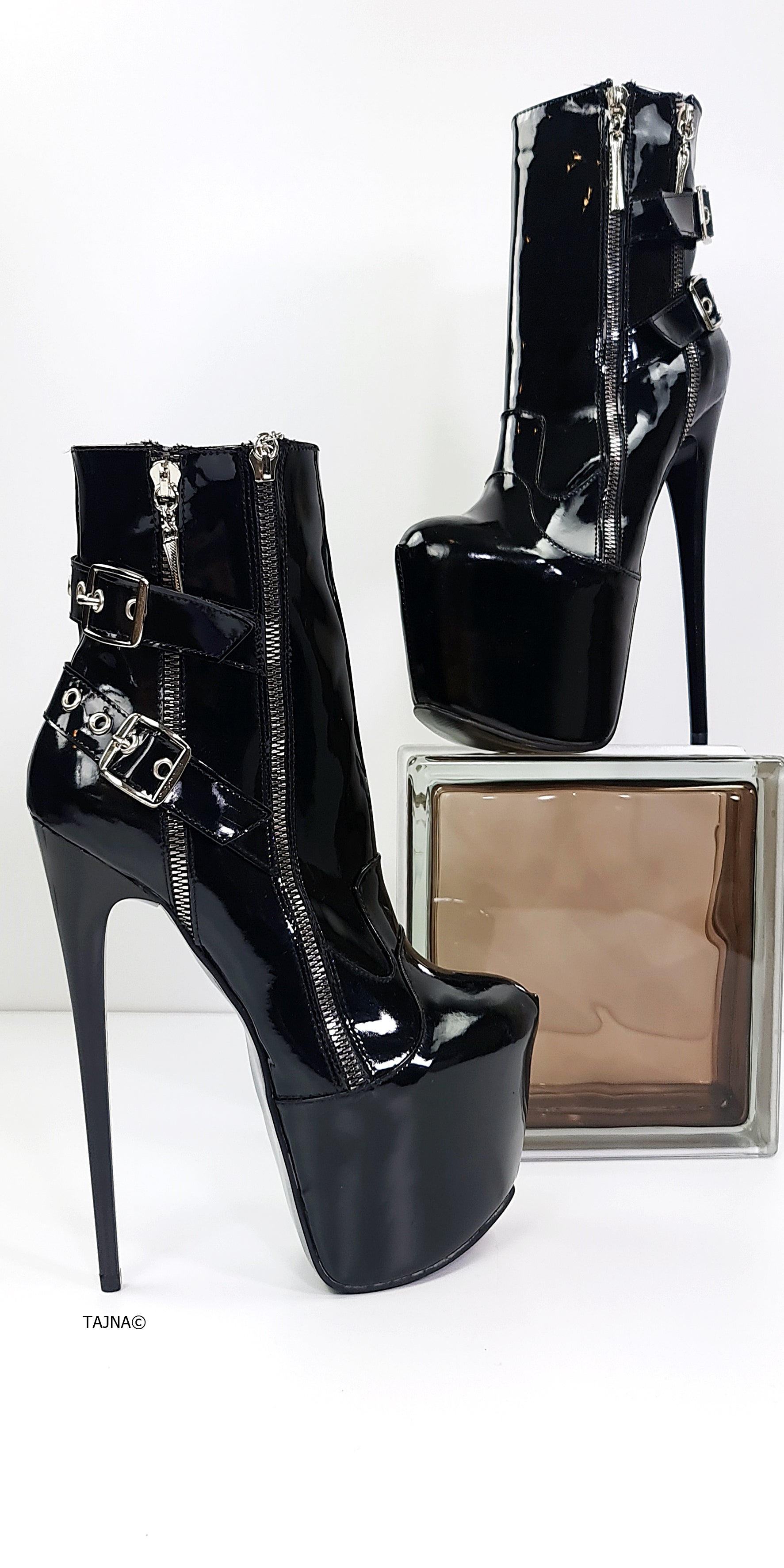 Fetish Gloss Double Zip Belted Black Rocker Boots Tajna Club Shoes