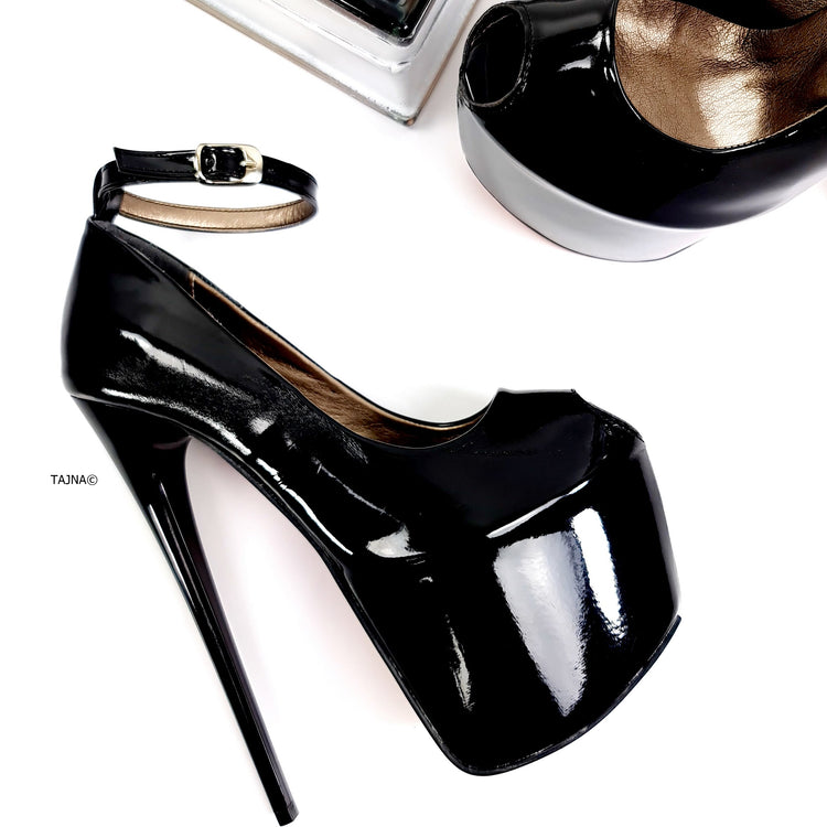 Ankle Strap Fishmouth Black Gloss High Heels