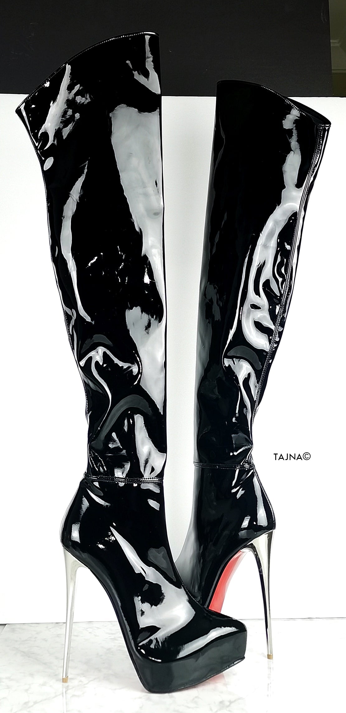 Black Gloss Patent Thigh High Boots - Tajna Club