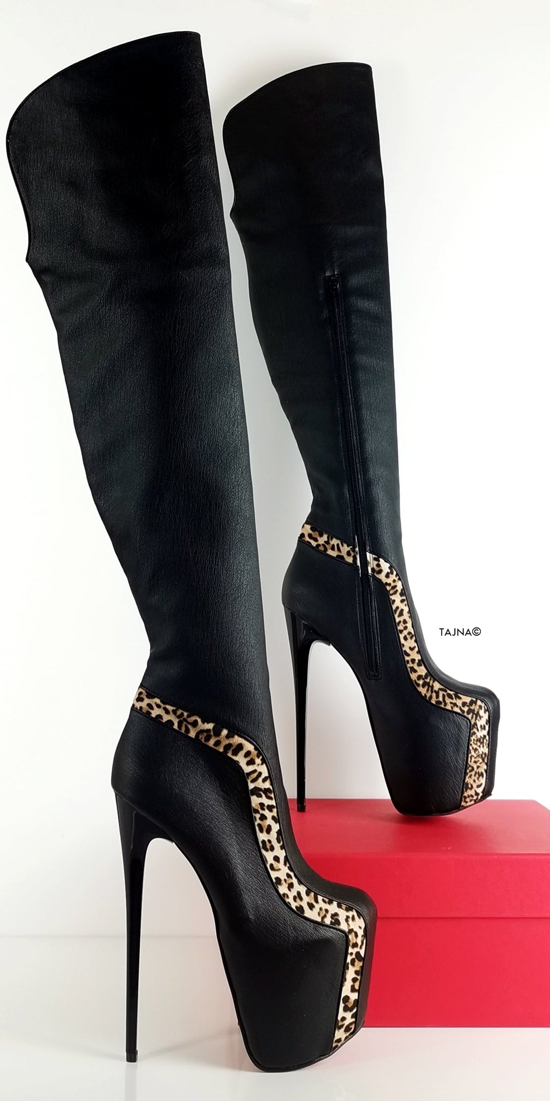 Black Leopard Detail Knee High Boots - Tajna Club