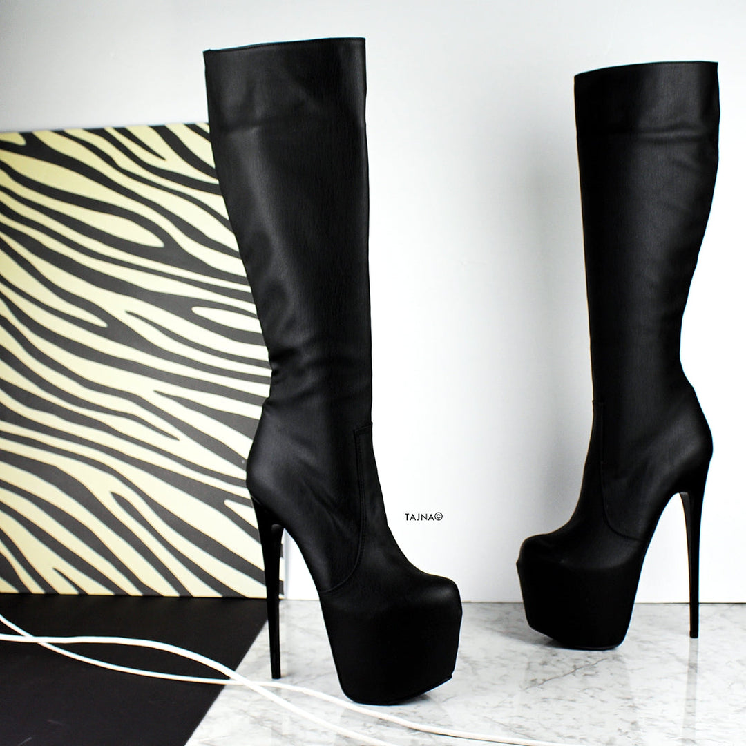 Mid-Calf High Heel Black Matte Boots - Tajna Club