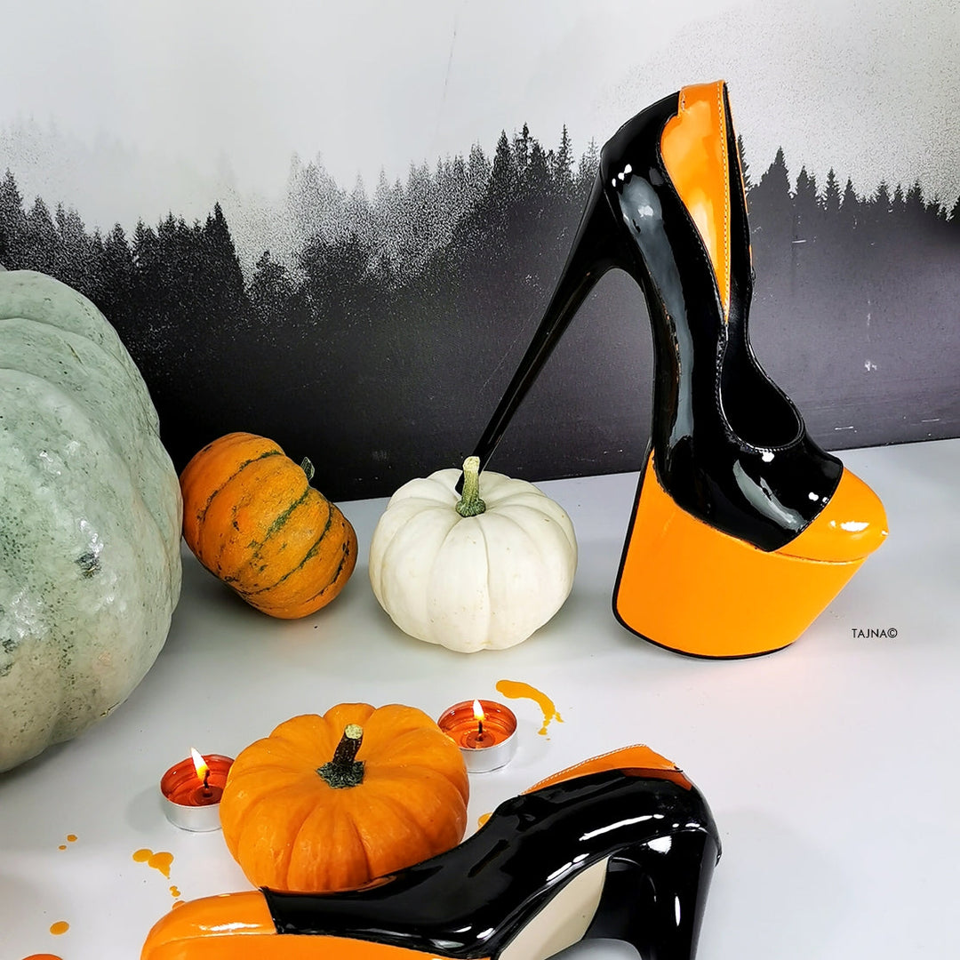 Double Black Orange Patent High Heels - Tajna Club