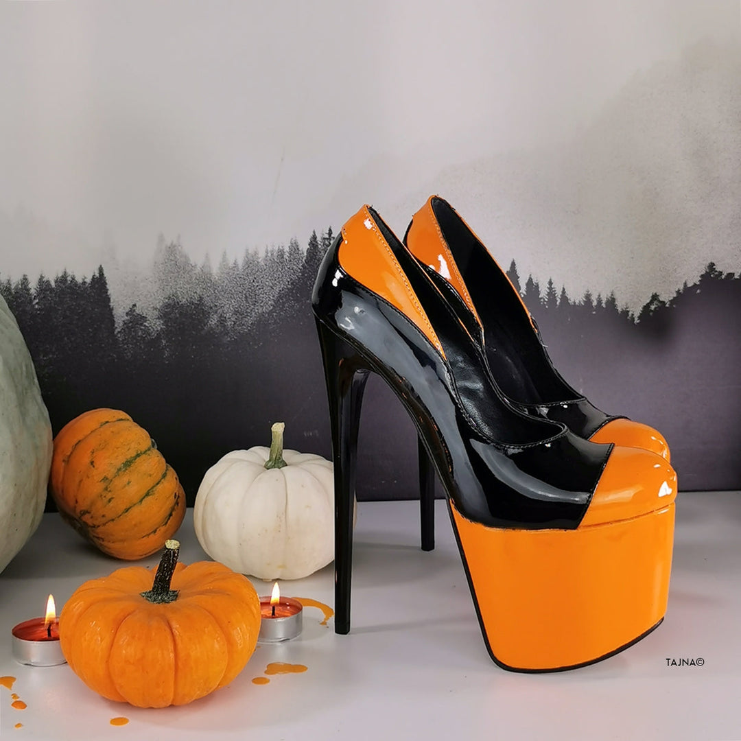 Double Black Orange Patent High Heels - Tajna Club